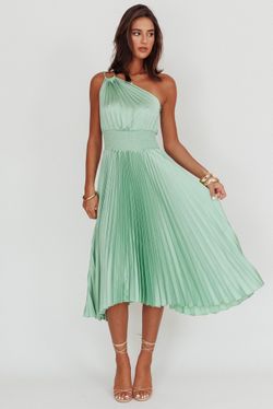 One Shoulder Pleated Midi Dress - Sage | Size Large