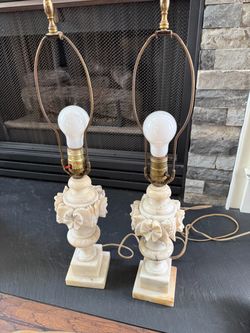 Vintage Carved Marble/Alabaster Floral Table Lamps – Matching Pair – 25” Tall circa 1930’s - 1950’s
