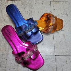 Bamboo EMBELLISHED Rhinstone SLIP ON SANDALS - Metallic Color Flats New 