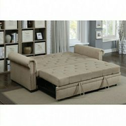 Tufted Beige Linen Fabric Futon Sofa Nailhead Trim Firm Price $760 Financing Available 