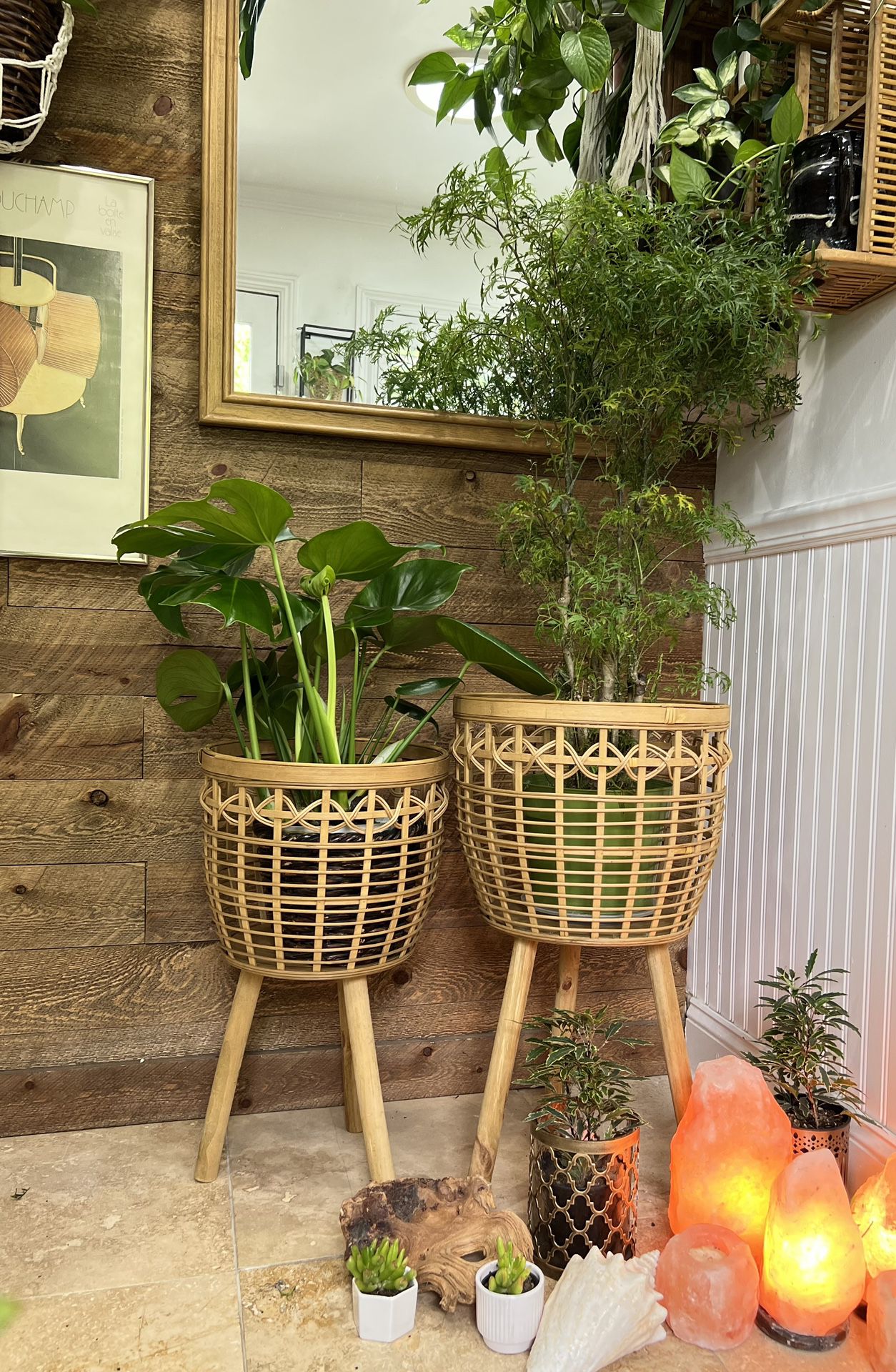 New Matching Planter Plant Stand Boho Rattan Wicker Bamboo Wood Woven Pot Holder