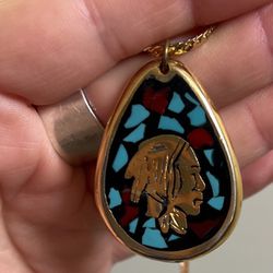 Genuine Turquoise And Red Jasper Indian Head Pendant Goldstone