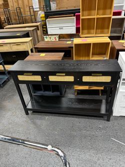 Rattan Console Table 3-Drawer 51.2" Narrow Black Entryway Sofa Table Trendy Boho Hallway Foyer Storage, Open Shelf, Sturdy Wooden Entry Table for Livi
