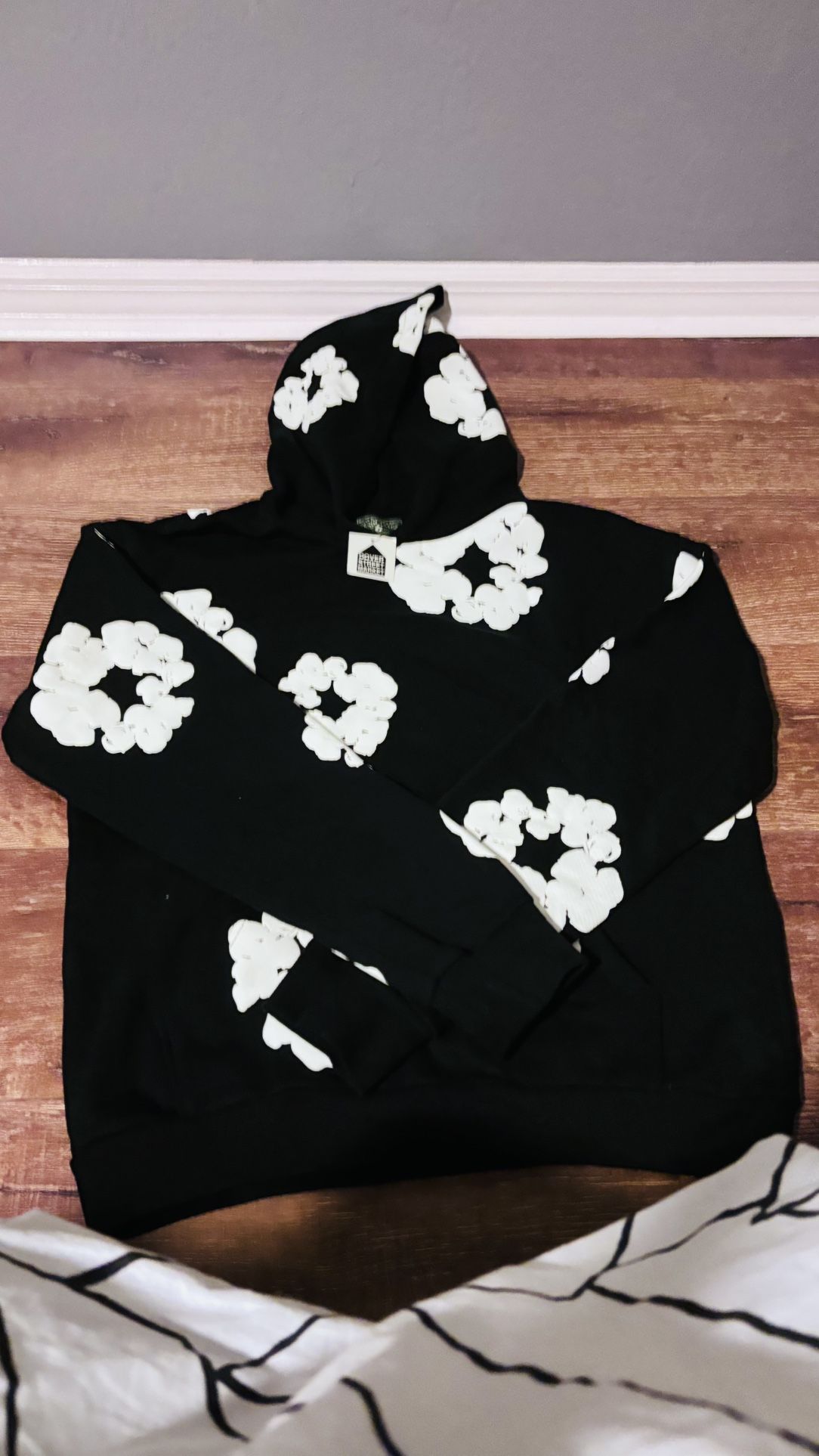 BLACK DENIM TEAR HOODIE 
