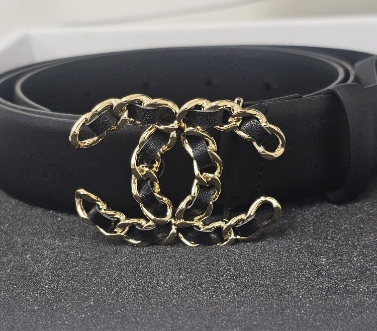 Womens Black Channel Gold Buckle Belt