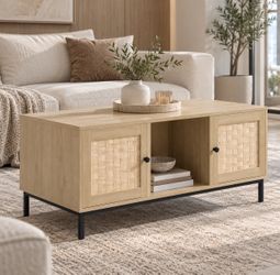 100% brand new in box 42” wood coffee table with storage and 2 sliding doors