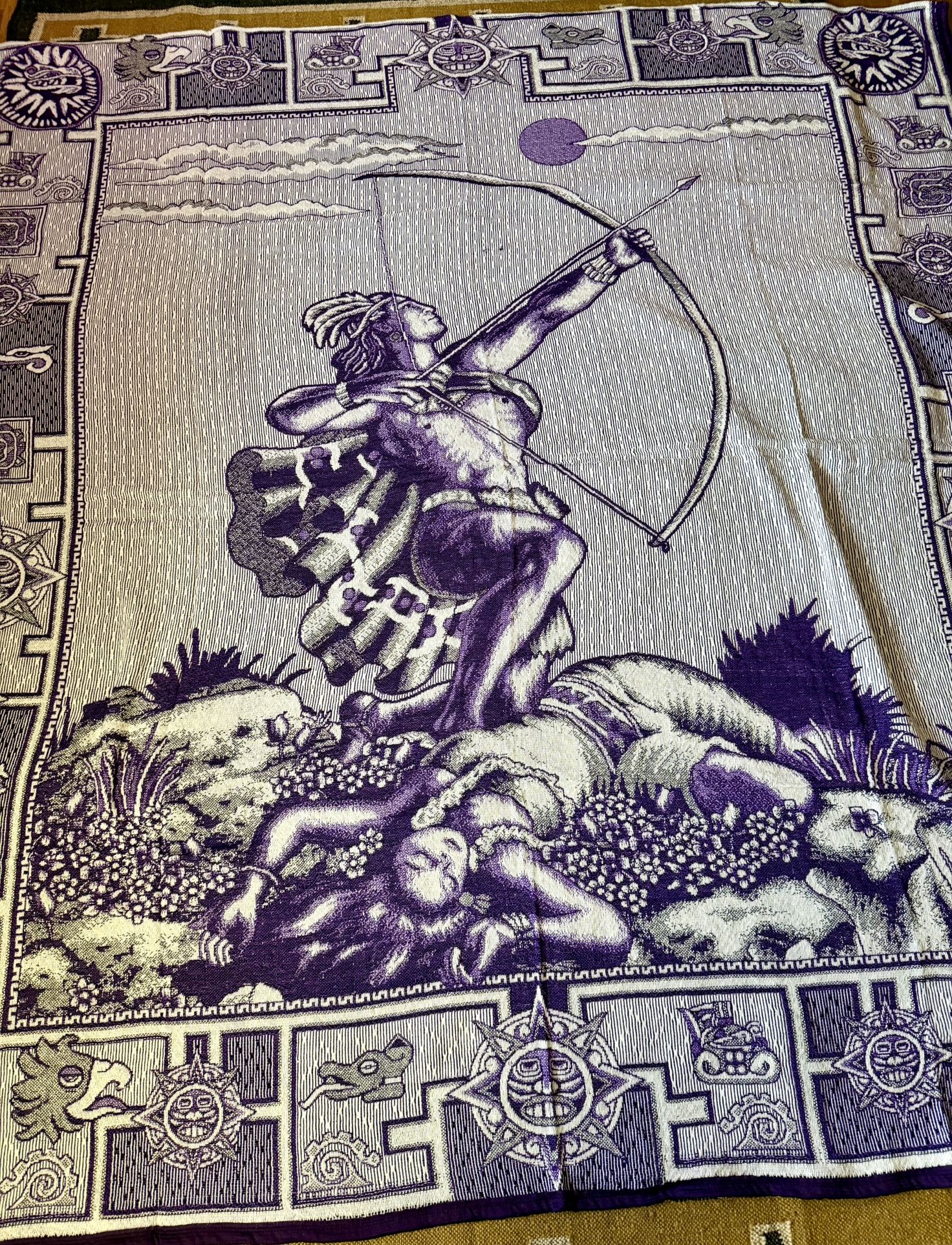 Woven MEXICAN MIXTEC WARRIOR BLANKET Archer of the Sun bedspread throw PURPLE