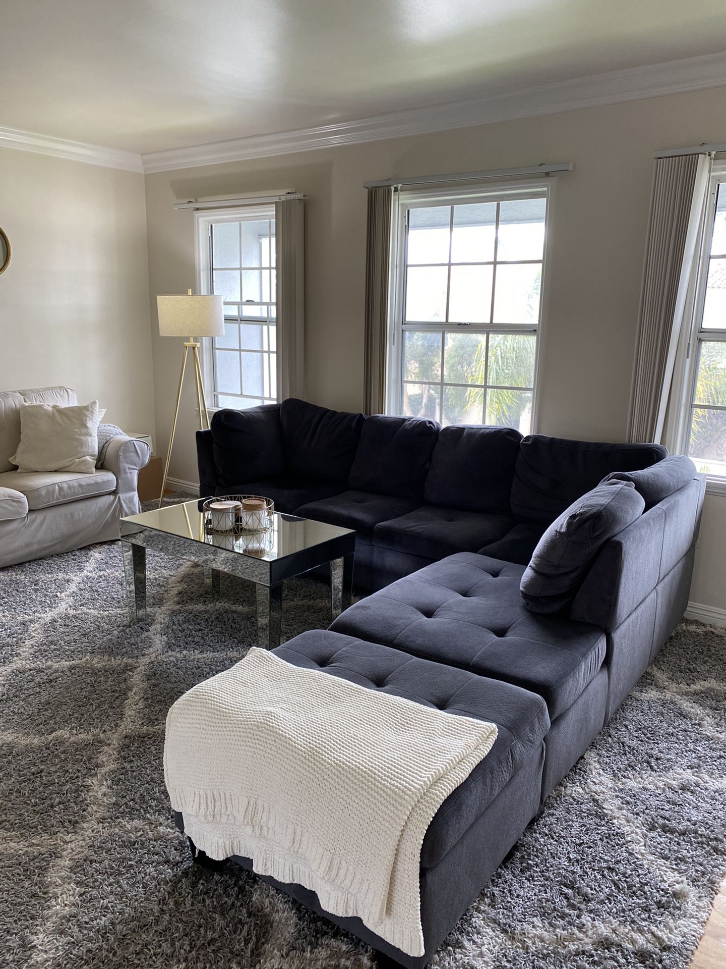 Grey/navy blue sectional sofa/couch with chaise and ottoman