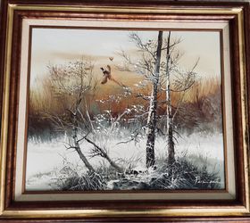 Original oil painting -signed-framed-vintage-mid 20century-landscape-pheasant