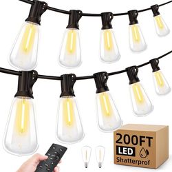 Outdoor String Led Patio Lights - 200Ft 60M Outside Waterproof Light with Remote Dimmable ST38 Shatterproof Bulb Hanging Outdoor Electric Lighting for