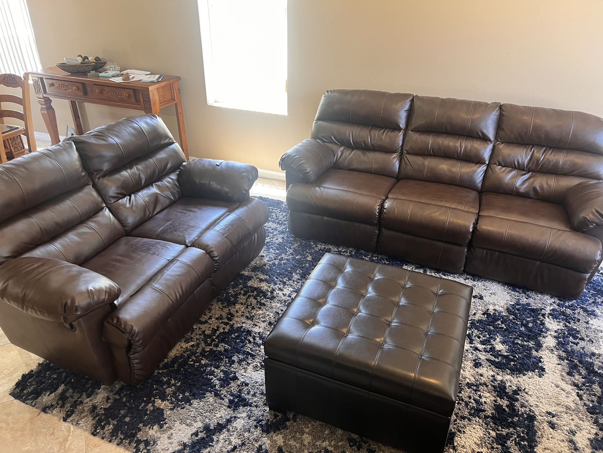 Brown Faux Leather Reclining Living Room Couch Set with Ottoman