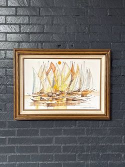 Mid-Century Modern Sailboat Fleet Oil Painting by Alfred B. - Signed Original - Delivery Available