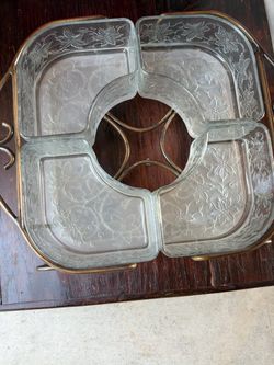 Vintage 1980s Princess House Floral Glass Divided Serving Tray & Metal Stand