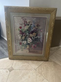 Elegant Framed Floral Wall Art – 40.5” x 34.5” – Gold Ornate Frame