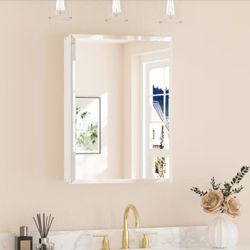 KeonJinn 20 in. W x 28 in. H Rectangular Beveled Frameless Metal White Surface Mount/Recessed Medicine Cabinet with Mirror