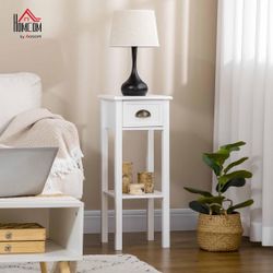  2-Tier Side Table with Drawer, Narrow End Table with Bottom Shelf, for Living Room, Set of 1, White