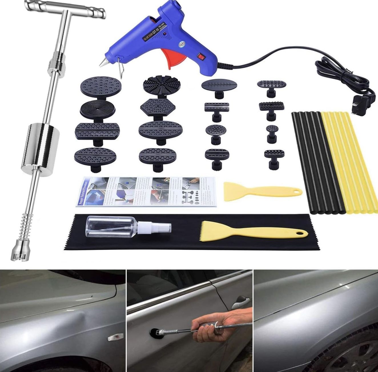 Car Dent Remover Tool, Paintless Dent Repair Kit, Pro Slide Hammer Tools with 16pcs Thickened Black Tabs for DIY Automobile Body Dent Removal