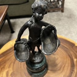 “GIRL WITH TWO BASKETS” BRONZE ART SCULPTURE ON A MARBLE BASE BY SUSAN BIZARD