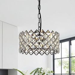 12" Black Crystal Chandelier, 4-Light Dining Room Light Fixture