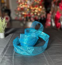 2” NEW! Turquoise Blue Organza Wired Ribbon Glitter Accents 1 Piece