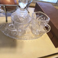 Vintage Glass Creamer Sugar Bowl & Tray Crystal Cut Pinwheel Design