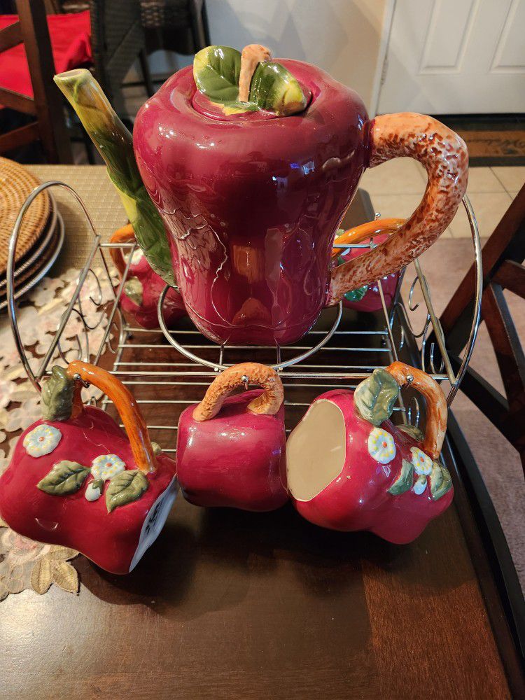 Apple 6 Cups And Jar With Stand Decor