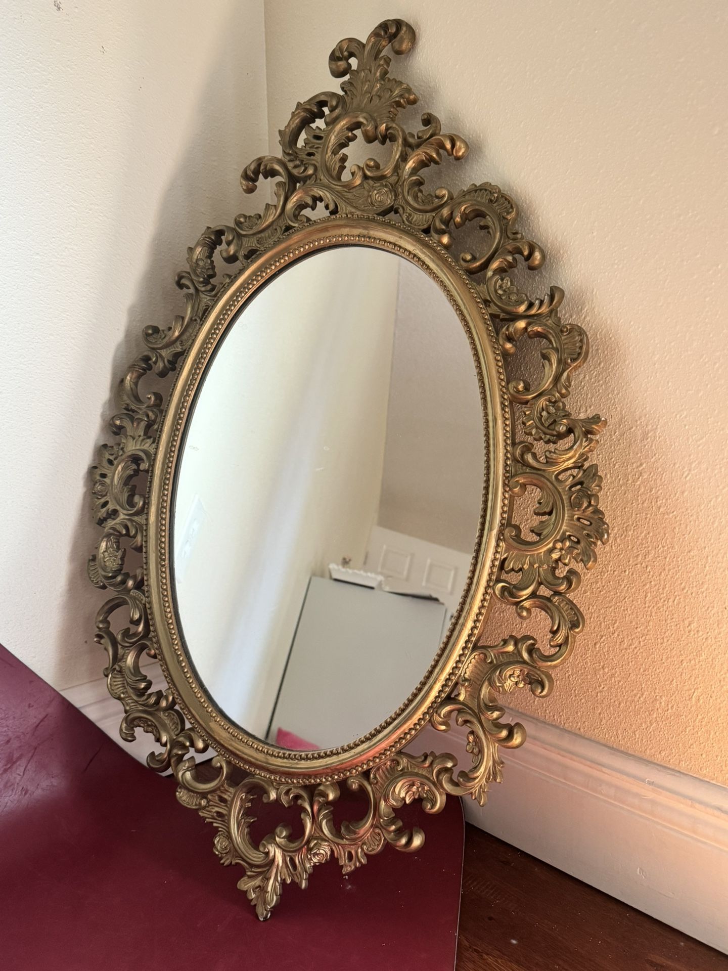 Vintage Gold-gilt Ornate Roses Oval Wall Mirror