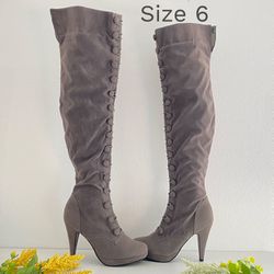 Womens Gray Knee High Boots Suede ish Button Zipper Size 6