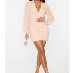 Peach Chiffon Punched Ruched Skirt Bodycon Dress 