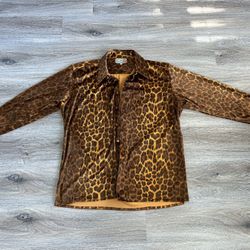Vintage Leopard Print Crushed Velvet Button-Up Shirt