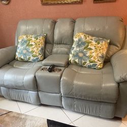 Dusty Blue Reclining Leather Couch (Electric)