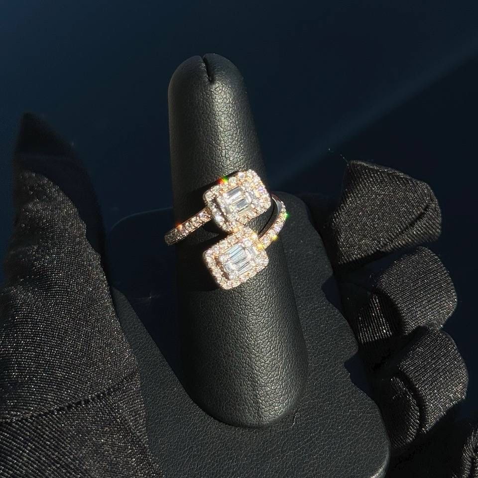 14k rose gold baguette diamond bypass ring