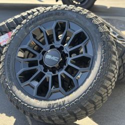 22" Black Wheels 22x9 8x180 Rims and 35” Tires 3500 Chevy 2500 Silverado Chevrolet GMC Sierra Denali HD 2500HD 3500HD AT4 Ultimate