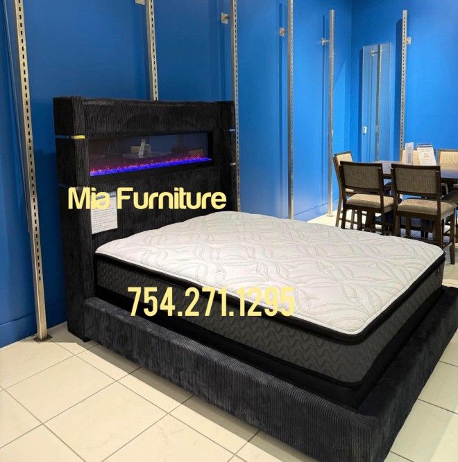 King Bed With LED Flame Lights 🔥 FINANCING AVAILABLE 