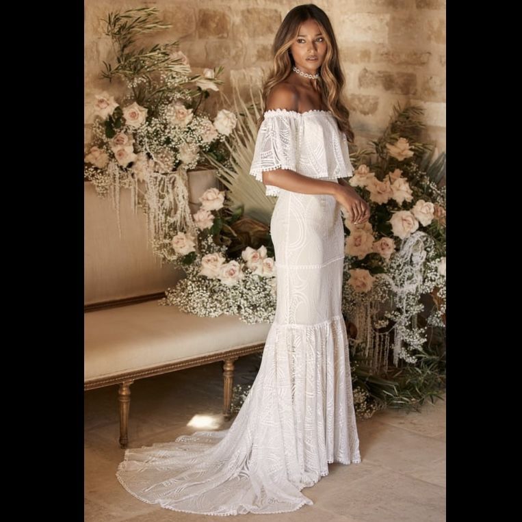 Lulus In My Life White Lace Off-the-Shoulder Mermaid Maxi Dress, S