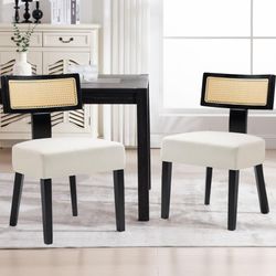 Rattan Dining Room Chairs Set of 2, Mid-Century Modern Kitchen Chair with Cane Back & Wood Frame in Black Finish, Beige Linen Upholstered