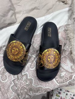 Versace Jeans Couture Black and Gold Sun Medallion Slides