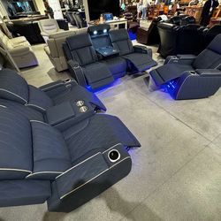 3pc Blue Gray Reclining Living Room Set W/LED Light