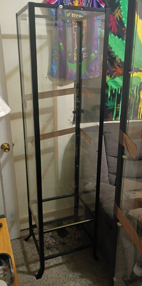 a TV standThis is an IKEA KLINGSBO glass-door cabinet in black with clear glass. 
