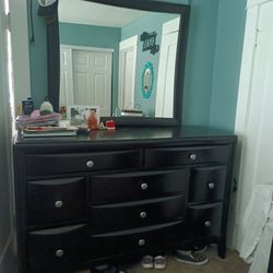 Queen Size Bed Frame And Mattress No Box Spring, Solid Wood Very Sturdy.Along With Dresser An Mirror Combo. Both For $450.00