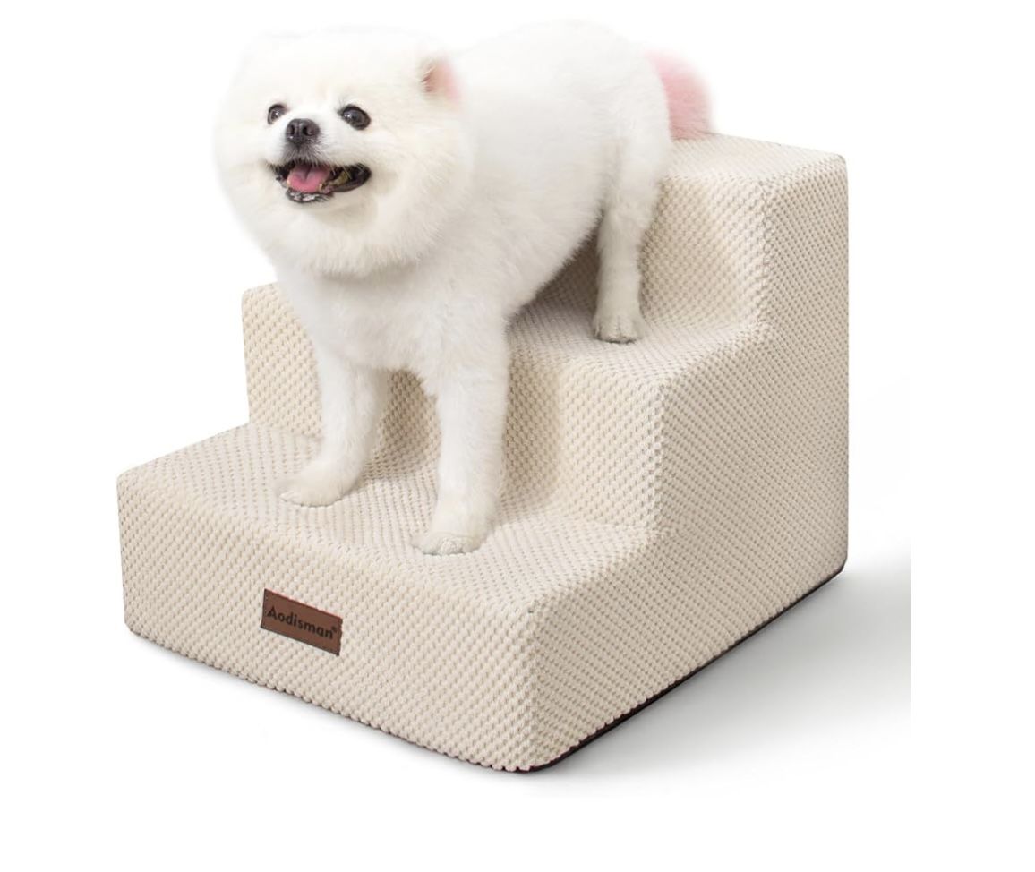 Dog Stairs for Small Dogs & Cats, 3-Step Non-Slip Pet Steps for Couch Sofa and Chair, Beige, 13.6" H