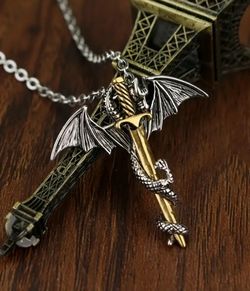 Unisex Dragon Wrapped Around Sword Pendant With Chain Necklace