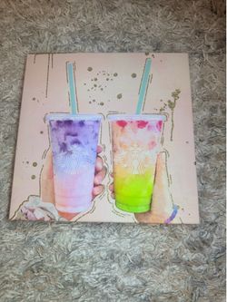 Fruity Drinks by Oliver Gal Siren 14" x 14" Canvas Art Gold Glitter Starbucks Frappuccino