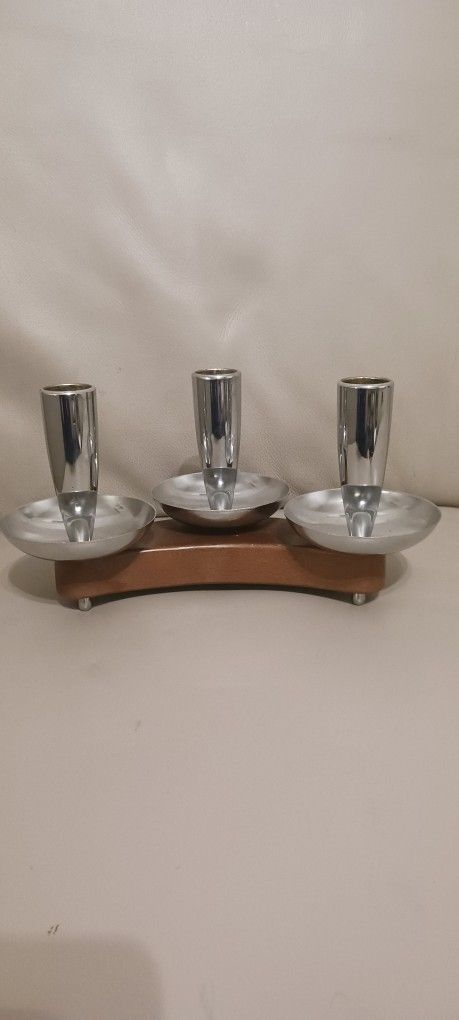 Vintage Mid Century candle holders. Chrome/ wood
