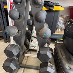 dumbbells on a dumbbell rack.