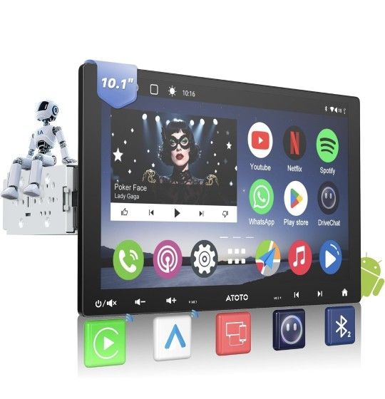 A6PF 8-Core 10.1" Single & Double Din Android Car Stereo, 2+32G Wireless CarPlay Android Auto Car Radio with Floating QLED Touchscreen, ChatGPT, GPS T