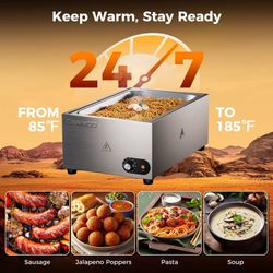 1200W Electric Steam Table & Food Warmer, Countertop Bain Marie with 86-185°F Adjustable Temp, Stainless Steel Commercial Buffet Equipment for Restaur