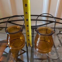2 Amber Glass Candle Lanterns