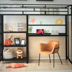 Full Size Loft Bed  With Desk And Shelves 