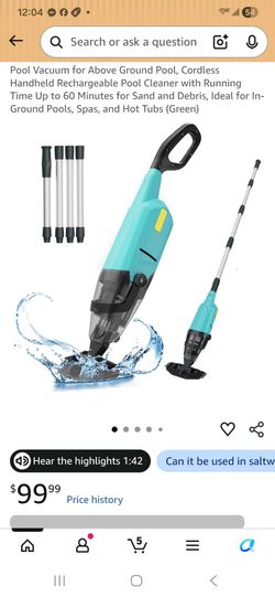 Pool Vacuum for Above Ground Pool, Cordless Handheld Rechargeable Pool Cleaner with Running Time Up to 60 Minutes for Sand and Debris, Ideal for In- G